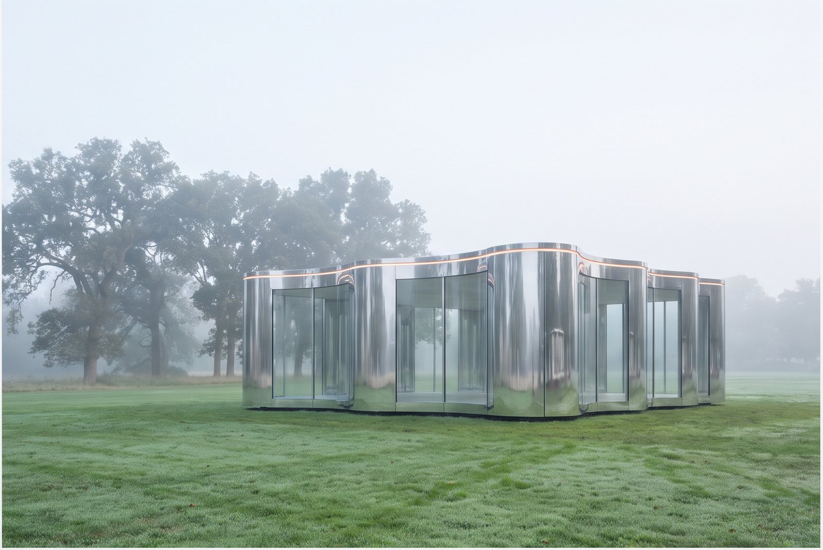 Entwurfsvision: ein temporärer Pavillon aus Chrom und Glas auf einer Campuswiese im Morgennebel